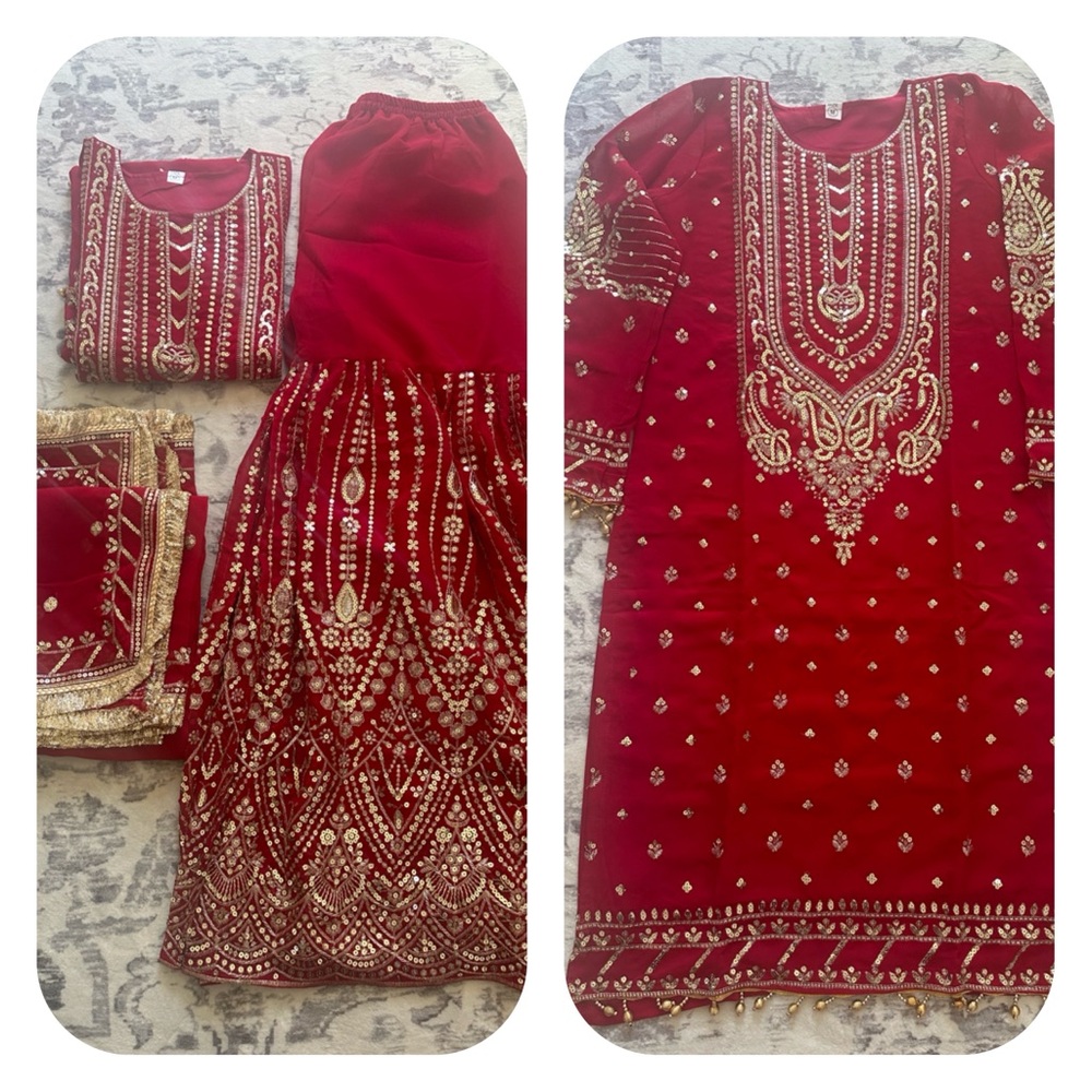 Elegant Red Embroidered Women's Dress with Gold Accents